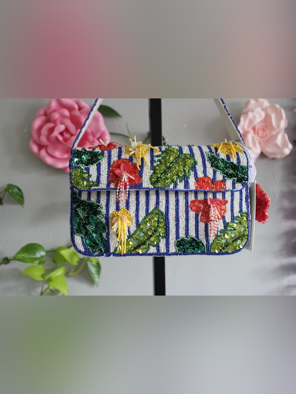 Beaded Floral Embellished Shoulder Bag - Multicolor - Picture 1 of 11